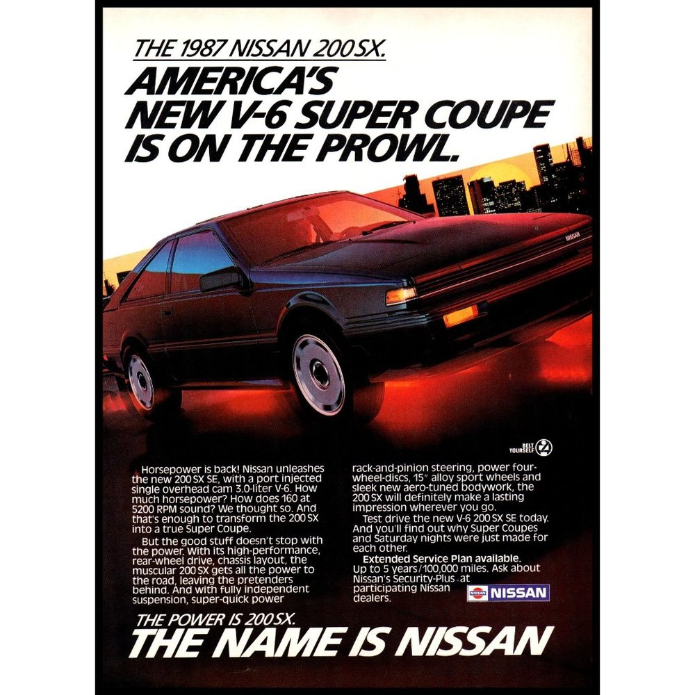 1987 Nissan 200SX V6 Super Coupe Vintage Print Ad City Skyline Sunset Wall Art